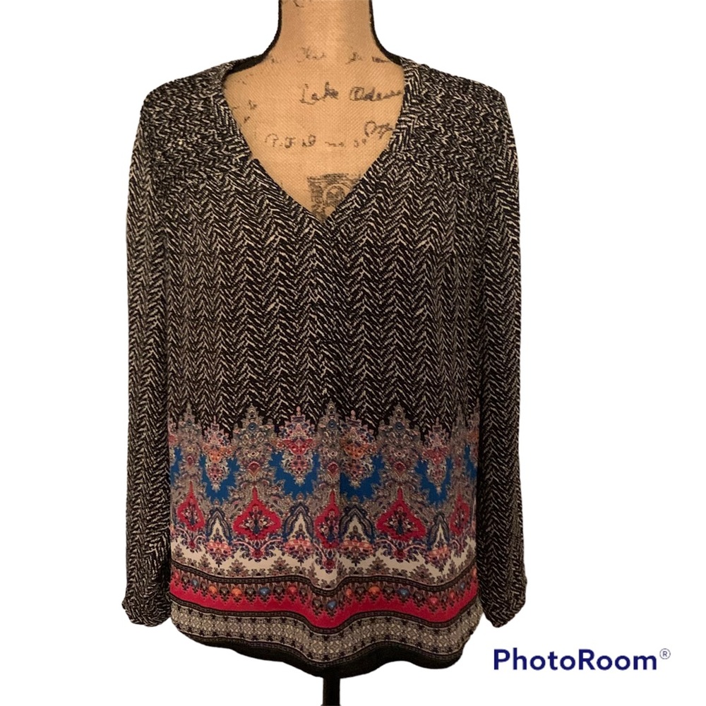 Black Rainn Black Multicolor V-Neck Long Sleeve Blouse